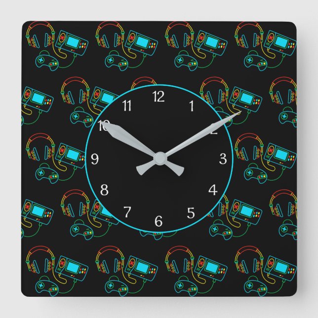 Reloj Cuadrado Patrón de neón retro gamer negro (Anverso)