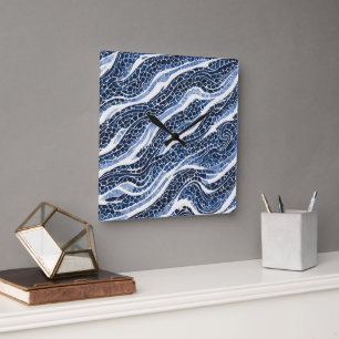 Reloj Cuadrado Patrón de ola azul blanco 15
