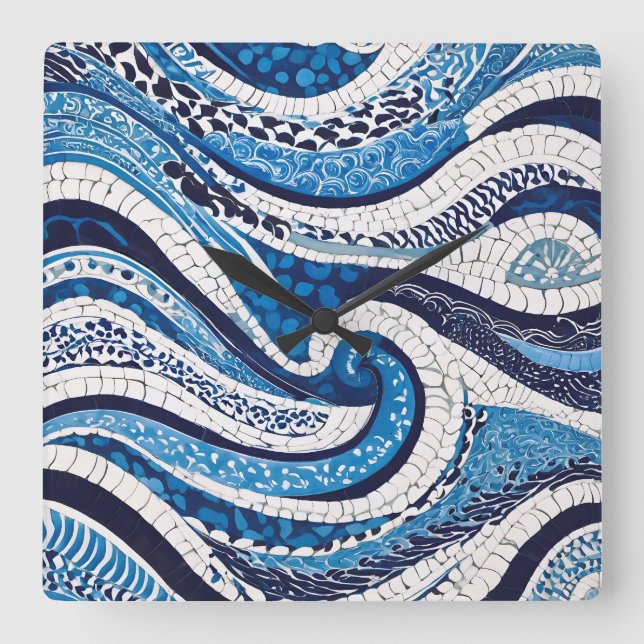 Reloj Cuadrado Patrón de onda blanca azul 05 (Anverso)