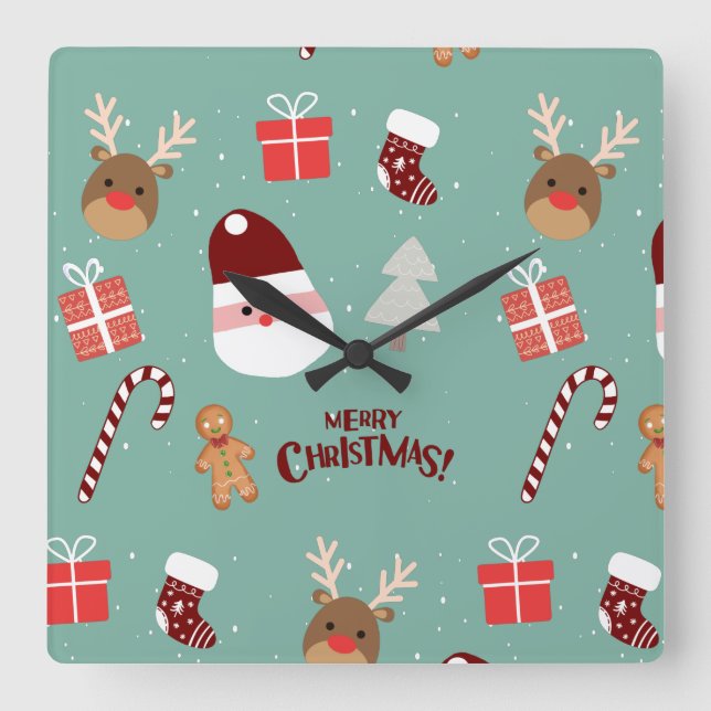 Reloj Cuadrado Patrón de pan de canto de canto de reno de Santa (Anverso)