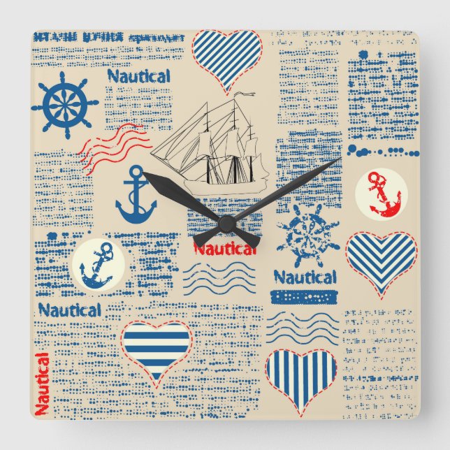 Reloj Cuadrado Patrón de periódico náutico (Anverso)