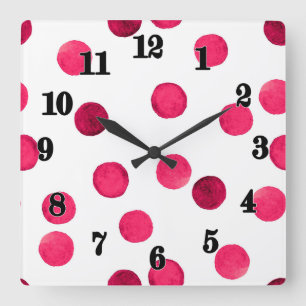 Reloj Cuadrado Patrón de puntos de polka de color rojo acuático