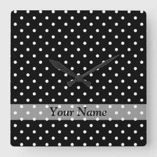 Reloj Cuadrado Patrón de puntos de polka negra