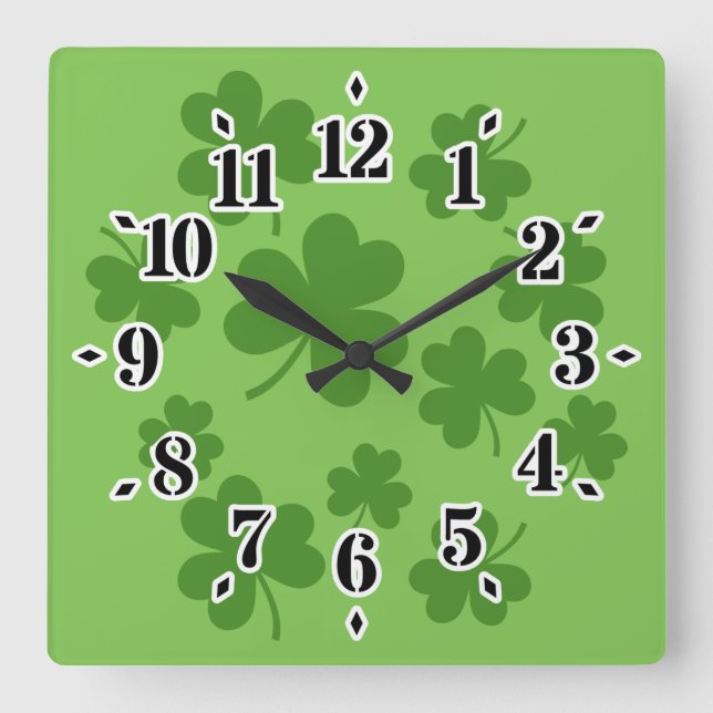 Reloj Cuadrado Patrón de Shamrock Clover del Día de San Patricio (Anverso)