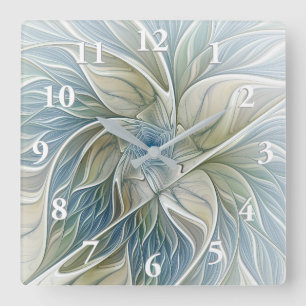 Reloj Cuadrado Patrón de sueño floral abstracto fractal azul caqu