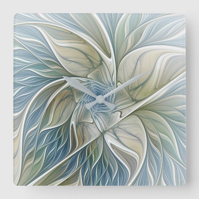 Reloj Cuadrado Patrón de sueño floral Resumen Fractal caqui azul (Anverso)