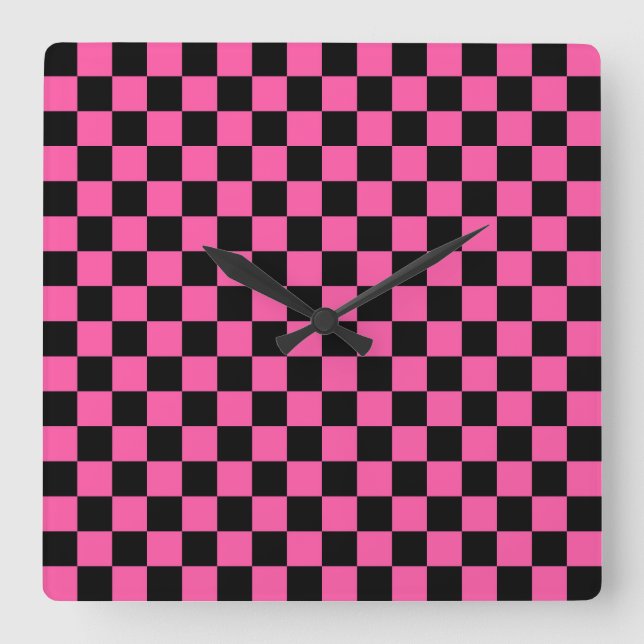 Reloj Cuadrado Patrón de tablero de ajedrez negro y rosa (Anverso)