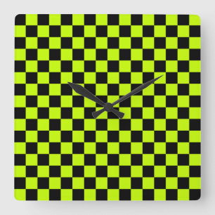 Reloj Cuadrado Patrón de tablero de ajedrez verde ácido y negro