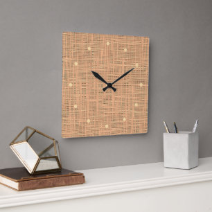 Reloj Cuadrado Patrón de tela de yute falso de color naranja cora