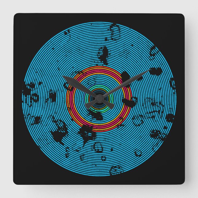 Reloj Cuadrado Patrón de textura de disco de vinilo azul multicol (Anverso)
