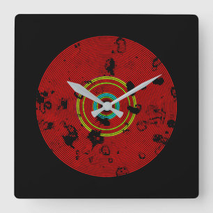 Reloj Cuadrado Patrón de textura de disco de vinilo rojo multicol