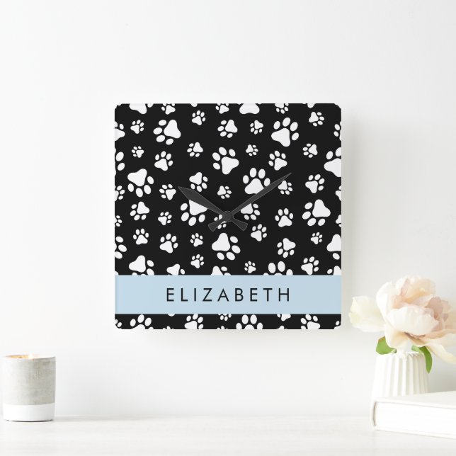 Reloj Cuadrado Patrón de traza, garras de perro, negro y blanco,  (Hogar)