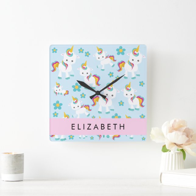 Reloj Cuadrado Patrón De Unicornios, Unicornios Cutos, Su Nombre (Hogar)