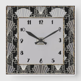 Reloj Cuadrado Patrón de ventilador Art Deco - Gris y negro