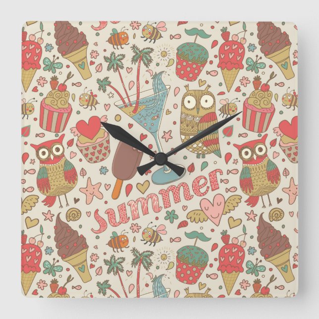 Reloj Cuadrado Patrón De Verano Con Helado (Anverso)