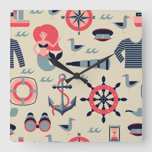 Reloj Cuadrado Patrón de vida marina (Anverso)