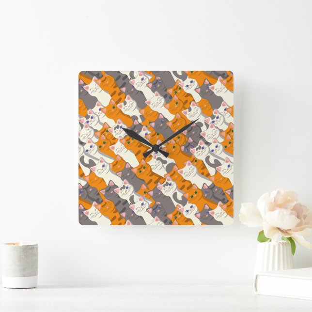 Reloj Cuadrado Patrón diagonal del gato negro jengibre (Hogar)