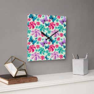 Reloj Cuadrado patrón estético de mariposa y flor