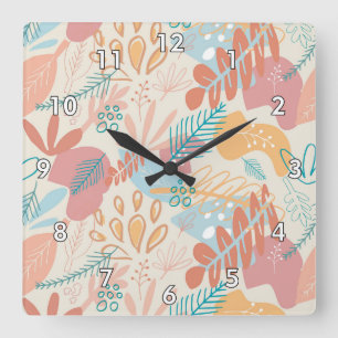 Reloj Cuadrado Patrón floral abstrato de mano dibujado en pastel