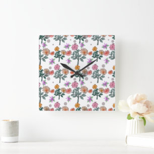 Reloj Cuadrado Patrón floral acuarela colorido