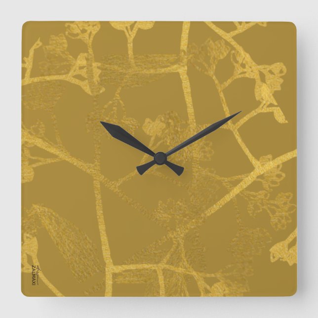 Reloj Cuadrado Patrón floral amarillo dorado clásico (Anverso)