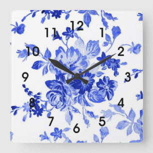 Reloj Cuadrado Patrón floral azul