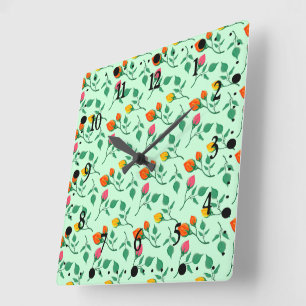 Reloj Cuadrado Patrón floral con flores de rosa de colores