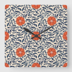 Reloj Cuadrado Patrón floral continuo con flor naranja vibrante