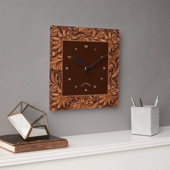 Reloj Cuadrado Patrón floral de cuero labrado 3D marrón (Oficina)