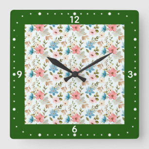 Reloj Cuadrado Patrón floral de flores silvestres en acuarela