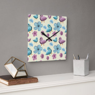 Reloj Cuadrado Patrón Floral de Pato Adorable Estética Pastel Kaw