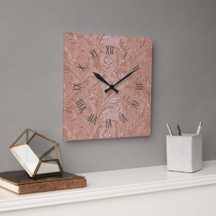 Reloj Cuadrado Patrón floral dorado rosado
