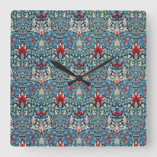 Reloj Cuadrado Patrón floral en hojas verdes fondo azul