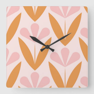 Reloj Cuadrado Patrón floral escandinavo, estilo retro, centro me