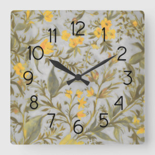 Reloj Cuadrado Patrón floral gris y amarillo