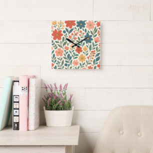 Reloj Cuadrado Patrón Floral Pintado a Mano – Botánica Colorida