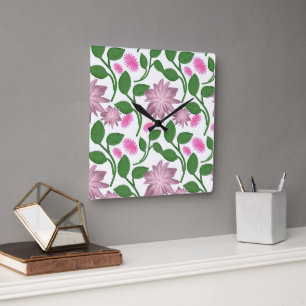 Reloj Cuadrado Patrón floral rosa con hojas verdes