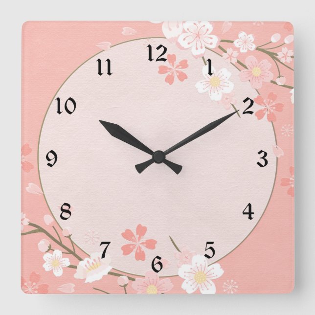 Reloj Cuadrado Patrón floral rosa pastel (Anverso)