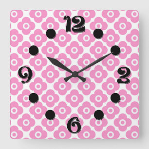 Reloj Cuadrado Patrón floral simple rosa y blanco