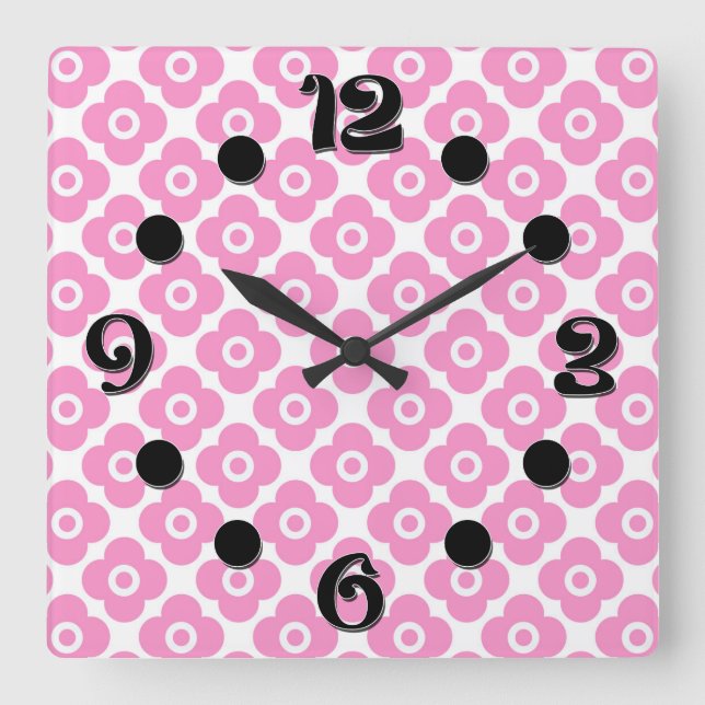 Reloj Cuadrado Patrón floral simple rosa y blanco (Anverso)