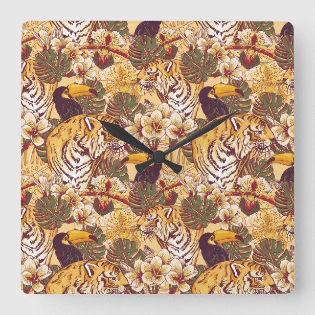 Reloj Cuadrado Patrón floral tropical con tigre (Anverso)