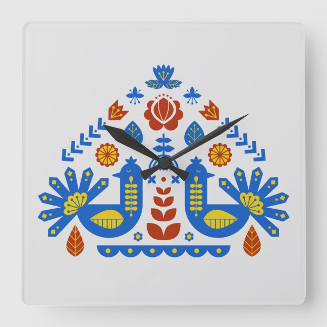 Reloj Cuadrado Patrón folclórico floral de pavo real húngaro (Anverso)