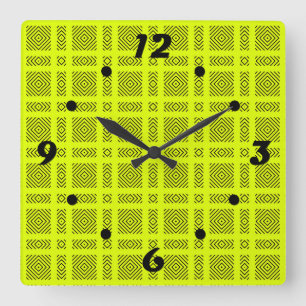 Reloj Cuadrado Patrón geométrico amarillo limón