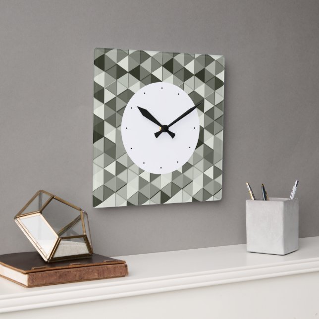 Reloj Cuadrado Patrón geométrico de triángulos de escala de grise (Oficina)