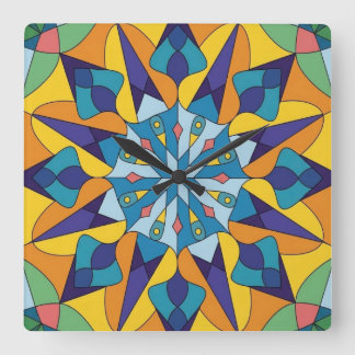 Reloj Cuadrado Patrón geométrico fractal azul y amarillo