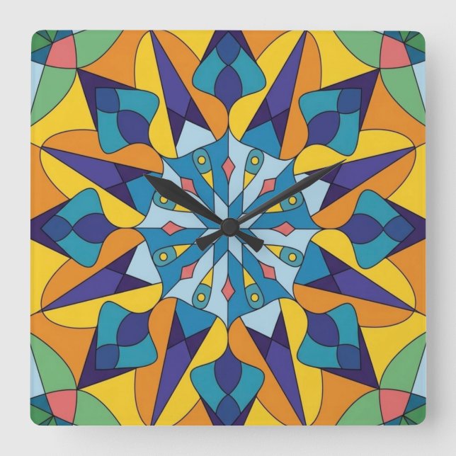 Reloj Cuadrado Patrón geométrico fractal azul y amarillo (Anverso)
