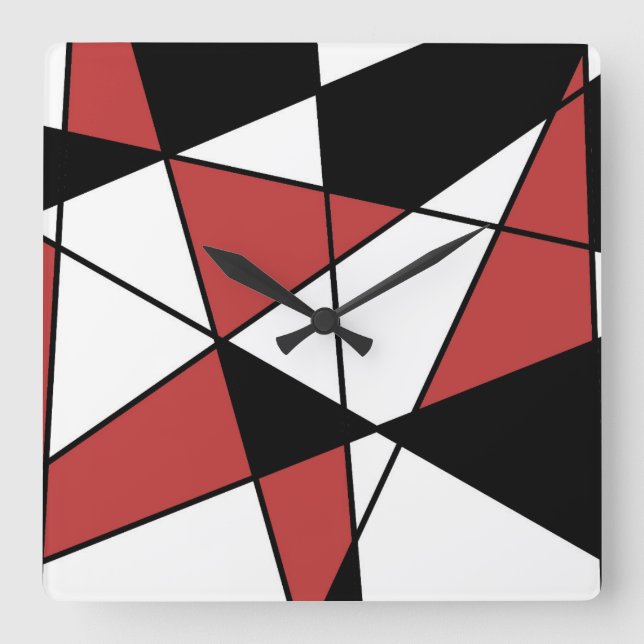 Reloj Cuadrado Patrón geométrico moderno rojo negro y blanco (Anverso)
