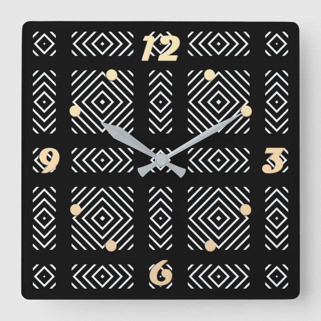 Reloj Cuadrado Patrón geométrico negro y blanco Ama (Anverso)