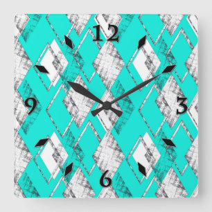 Reloj Cuadrado Patrón geométrico neón turquesa.