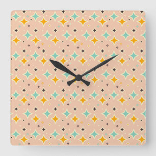 Reloj Cuadrado Patrón geométrico retro con azul verdoso, naranja,
